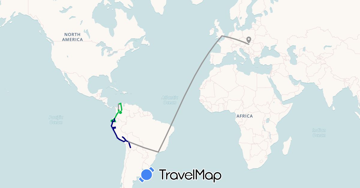 TravelMap itinerary: driving, bus, plane in Bolivia, Brazil, Colombia, Ecuador, United Kingdom, Hungary, Peru (Europe, South America)